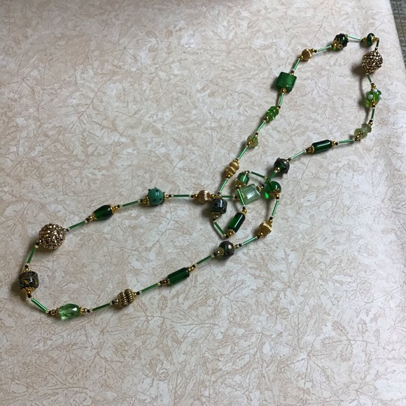 HandCrafted Green & Gold long Necklace about 38" OOAK, new, never worn,  #26 - Picture 7 of 8